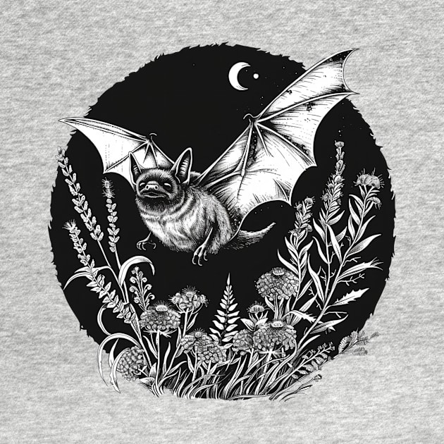 Flying Gothic Bat Witchy Moon & Plants by LunaElizabeth